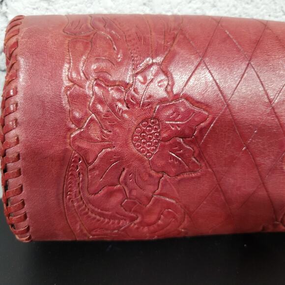 Vintage Tooled Leather Clutch Wallet Red Burgundy Floral - Picture 3 of 6